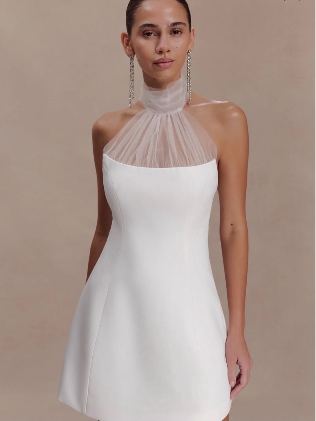 White Meshki Riley Halter-Neck Mini Dress With Sheer Tulle Yoke
